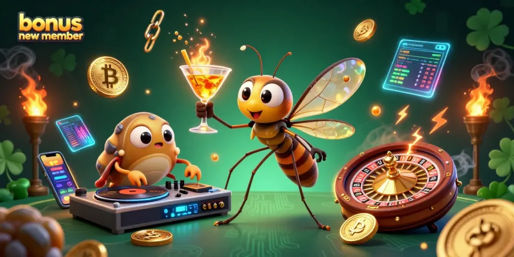 Mengklaim bonus new member sambil menikmati suasana kasino dengan karakter unik dan elemen digital berkilau.