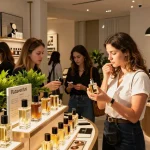 Luxury fragrance shopping experience showcasing Razaventus in a chic retail setting.