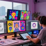Artistic representation of AI-generated images featuring ai slut in a vibrant creative studio.