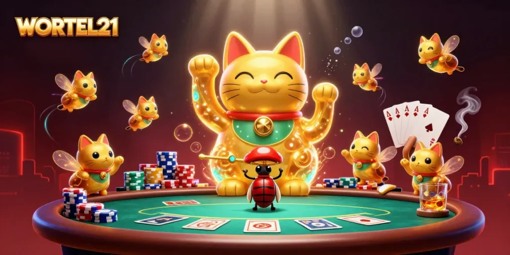 WORTEL21 showcases a vibrant casino scene with a giant lucky cat composed of golden fireflies.