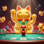 WORTEL21 showcases a vibrant casino scene with a giant lucky cat composed of golden fireflies.