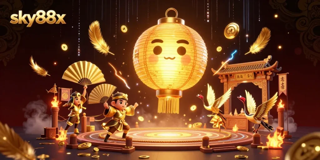 Engage with sky88x in a vibrant night market casino scene, showcasing golden lanterns and interactive gaming elements.