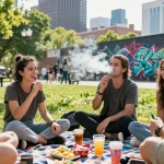 Friends enjoying THC vape pens in a lively urban park setting.