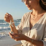 Everyday jewellery UK showcased in a coastal scene with a woman wearing layered necklaces and bracelets.