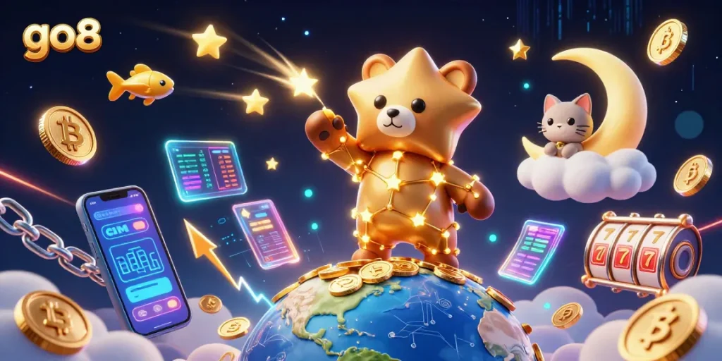 Engage in the world of go8, where a celestial bear collects coins amid vibrant slot game elements.