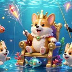 Engage in thrilling bắn cá đổi thưởng with a 3D cartoon scene of corgis and cat butler amidst dazzling sea creatures.