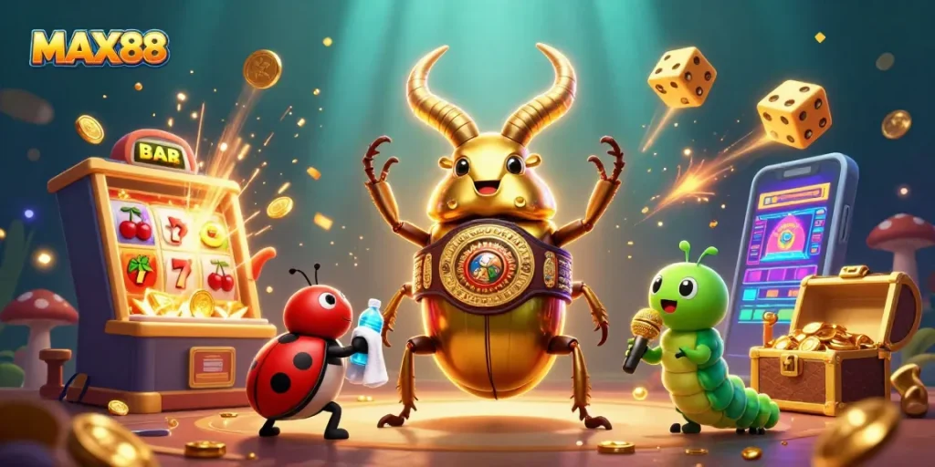 Engage with the MAX88 casino thrill illustrated by dynamic characters, vibrant elements, and a captivating backdrop.
