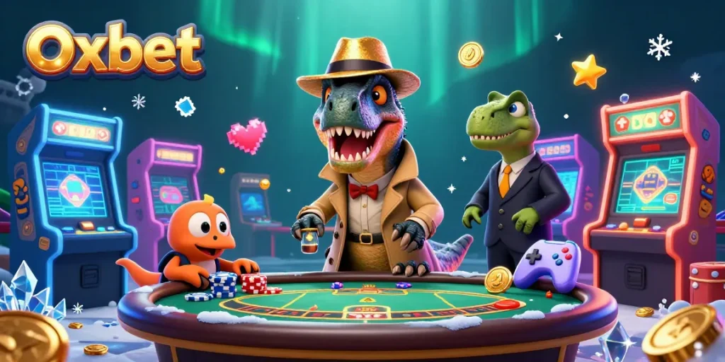 Engage with Oxbet through a lively 3D cartoon scene featuring gaming characters and vibrant casino elements.