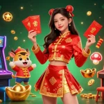 Experience excitement at Tài Xỉu MD5 COM with festive characters and dynamic gaming elements in a vibrant casino scene.