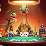 Engage in exciting game bài đổi thưởng strategy with massive poker chips and a unique dinosaur-themed scene.