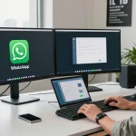Developer using WhatsApp電腦版 on multiple screens in a modern tech workspace.
