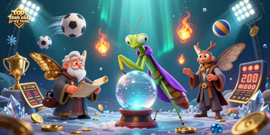 Experience top nhà cái uy tín with thrilling gambling elements featuring cartoon fortune teller and sports dynamics.