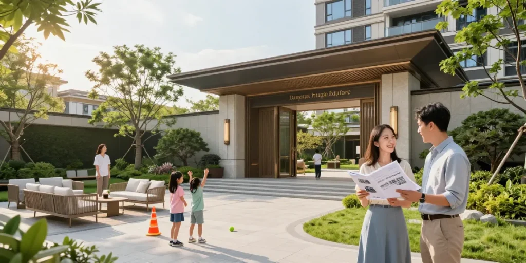 동래 푸르지오 에듀포레에서 가족과 함께 여유로운 시간을 즐기는 모습, https://busan-aptwise.com의 고급 아파트 단지를 표현합니다.