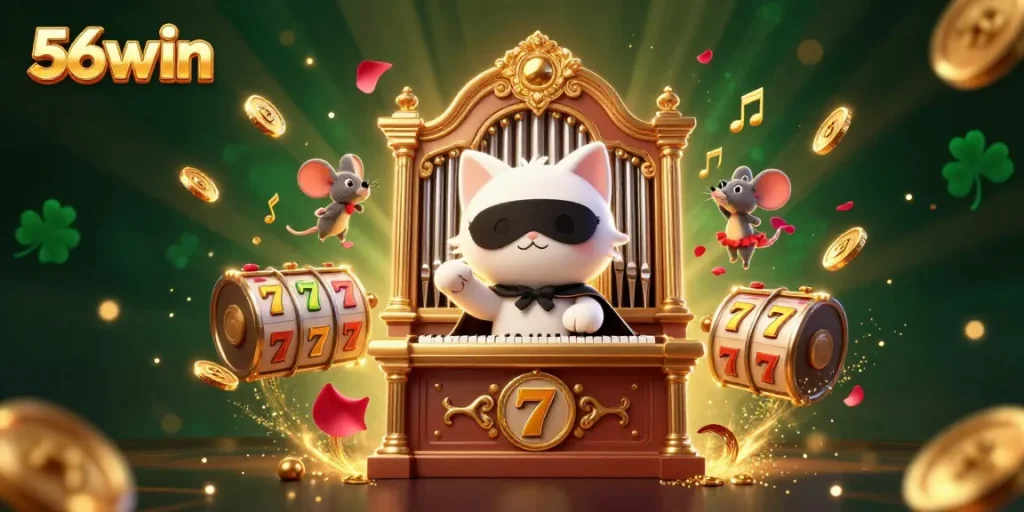 Engage with the 56win casino experience, featuring characters and slot elements in a vibrant illustration.
