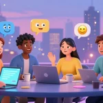 Dynamic digital chatroom with unique AI avatars engaging in hot chat ai discussions against a neon skyline.