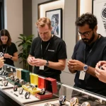 Customers exploring super clone watches in a chic urban boutique with engaging discussions.