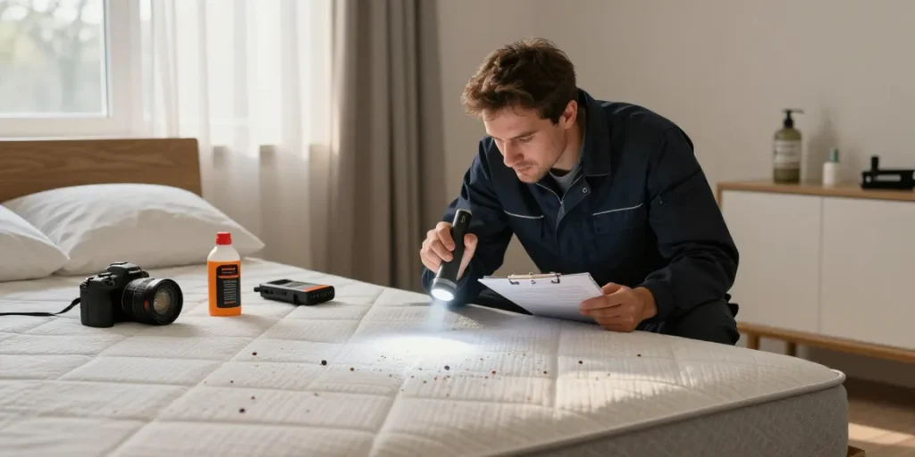 Bed bug exterminator inspecting mattress in a warm, inviting bedroom.