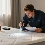 Bed bug exterminator inspecting mattress in a warm, inviting bedroom.
