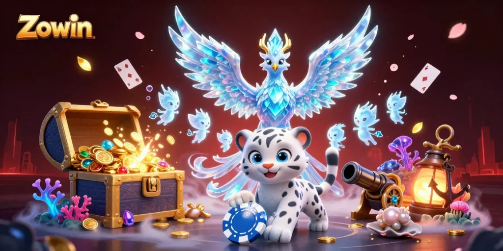 Zowin brings excitement to life with a vibrant 3D scene of an ice phoenix and playful elements.