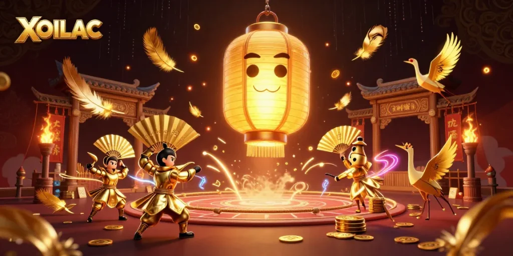 Bet on XOILAC at this thrilling night market casino scene with vibrant characters and golden elements.