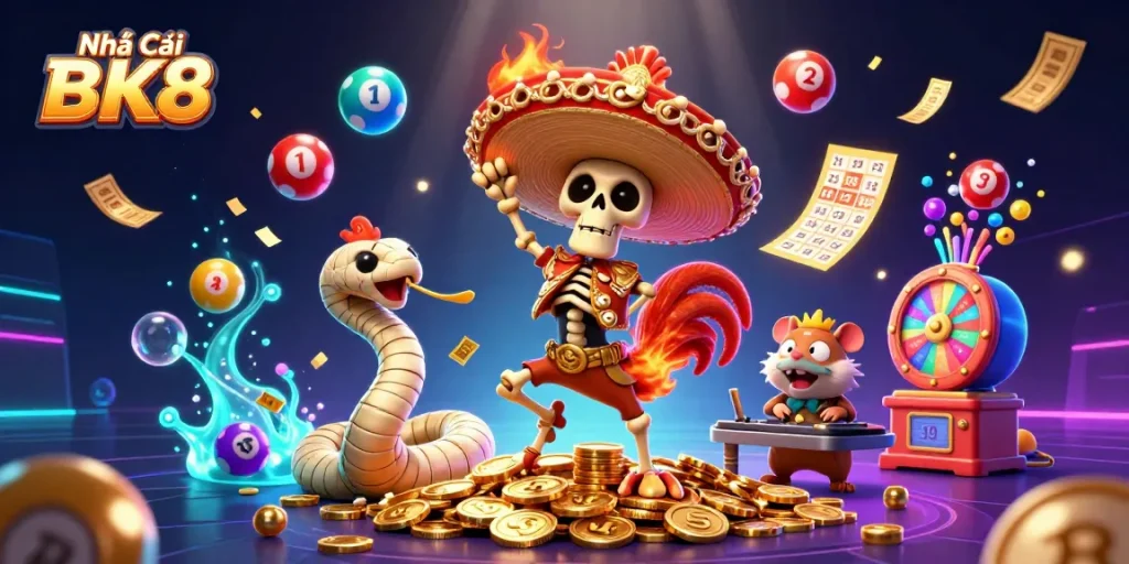 Experience Nhà Cái BK8 with a vibrant casino celebration featuring a mariachi rooster and golden coins.