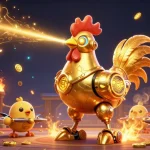 68 WIN showcases thrilling gambling action with golden rooster robot and drones amid vibrant casino elements.