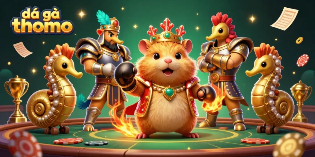 Witness the intense action of đá gà thomo with a golden hamster king at a royal arena, surrounded by royal guards, showcasing the thrill of cockfighting.