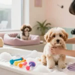Puppy grooming York in a warm and inviting salon, showcasing a groomer gently handling a fluffy puppy for a positive first experience.
