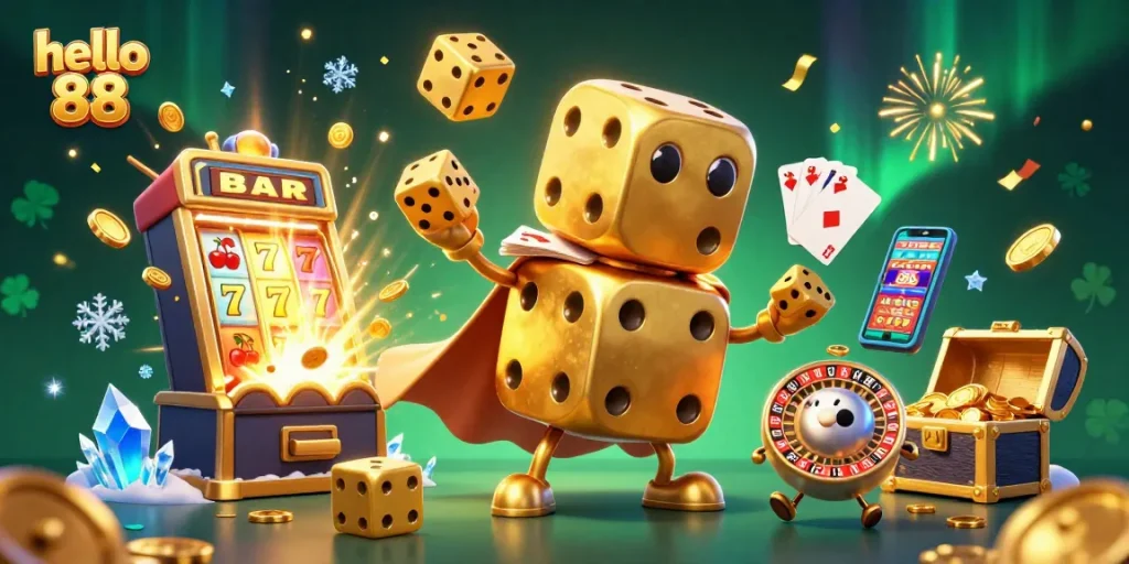 Engage in thrilling dice games at hello 88 with a dynamic casino scene bursting with excitement.