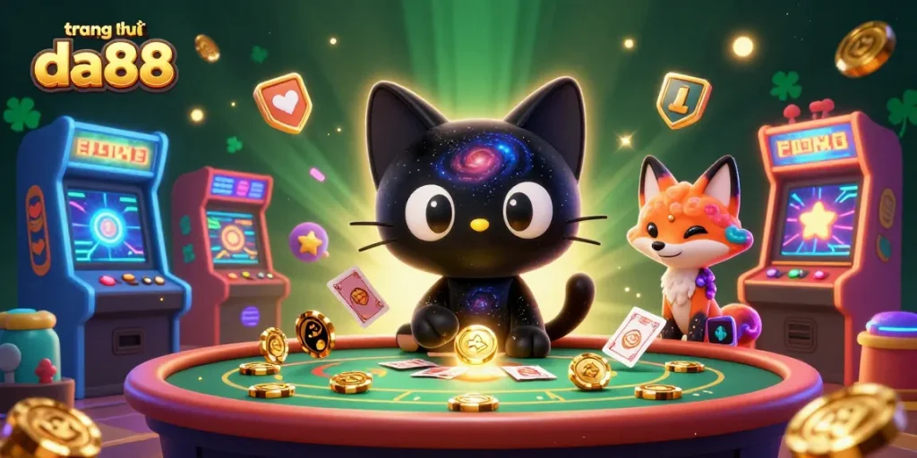 Engage with the cosmic charm of trang chủ da88 as the black hole cat pulls in golden chips at a lively casino table.