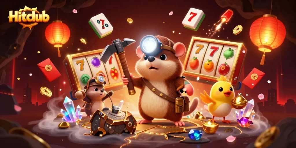 Hitclub players enjoying vibrant slot games with colorful casino elements around them.