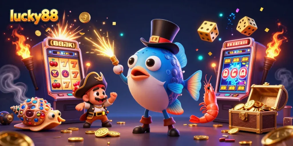 Experience thrilling jackpots at lucky88 with vibrant 3D casino illustrations showcasing animated characters and casino elements.
