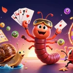 8xbet showcases an energetic casino scene with a millipede dealer and a high-roller snail surrounded by dynamic game elements.