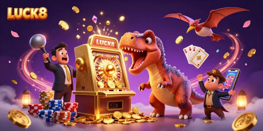 LUCK8 illustrates a dinosaur-themed casino scene with vibrant jackpots and dynamic characters.