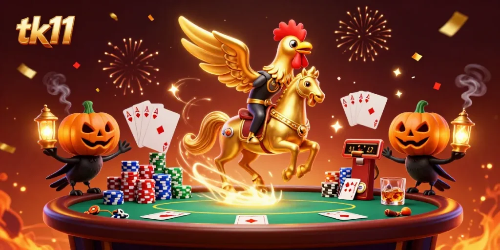 tk11 features a golden rooster and spectral horse amidst a vibrant casino scene.