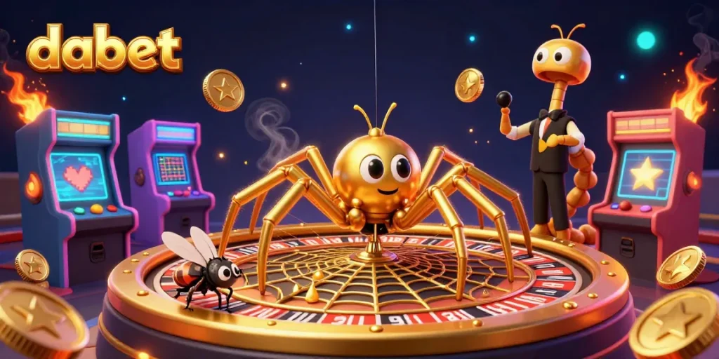 dabet showcases a lively scene with a golden spider and centipede croupier spinning luck in a casino setting.