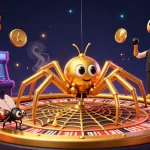dabet showcases a lively scene with a golden spider and centipede croupier spinning luck in a casino setting.