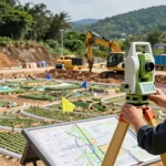Topographical surveys in action, professional surveyor measuring land features with total station equipment.