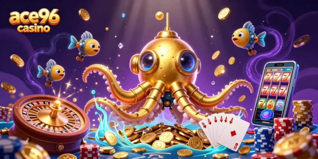 Experience the thrill of ace96 casino with an action-packed 3D illustration of golden gaming elements.