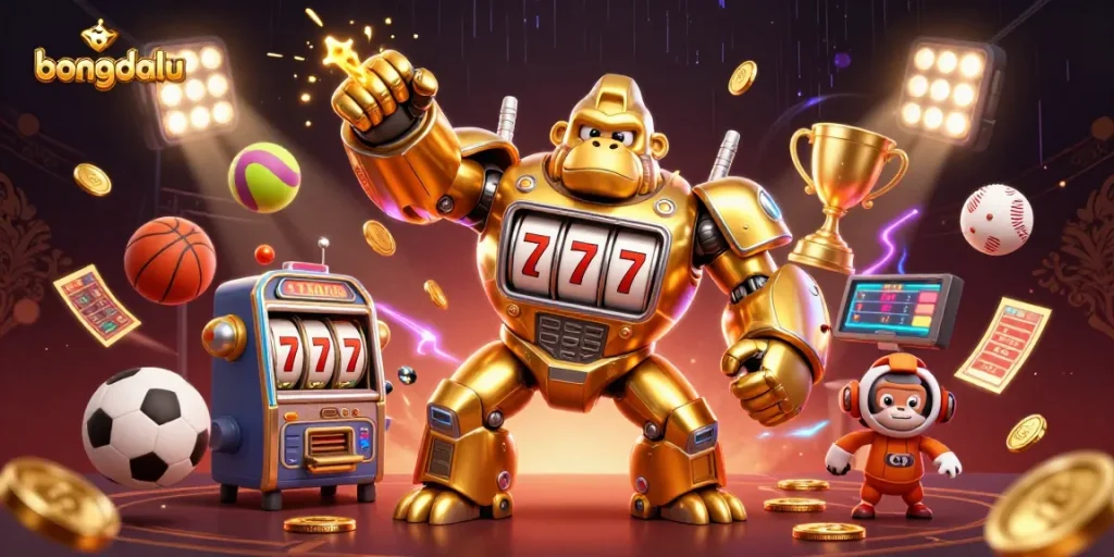 Bongdalu showcases a dynamic 3D illustration of a golden mech gorilla and sports elements, capturing thrilling gaming excitement.