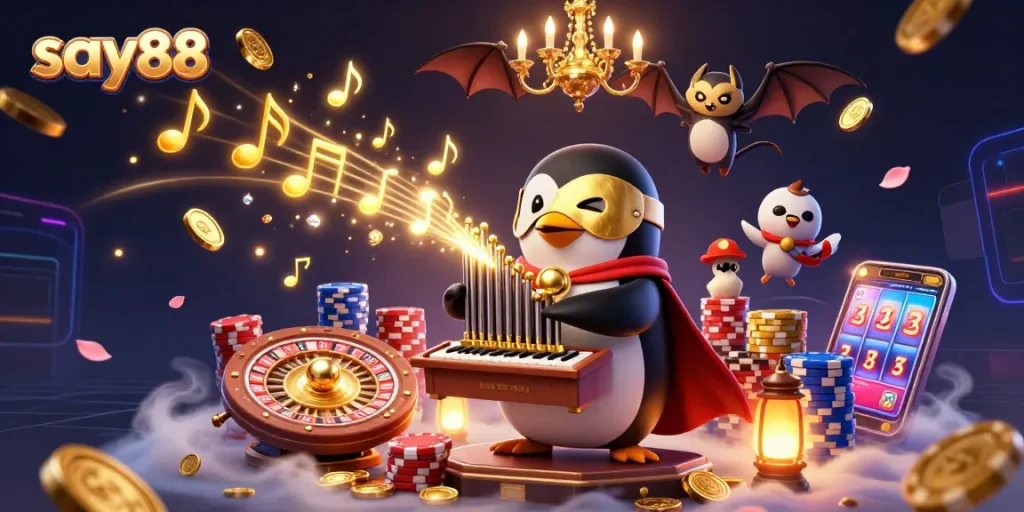 Play at say88 and win big in this vibrant 3D casino scene with golden coins and jackpots.