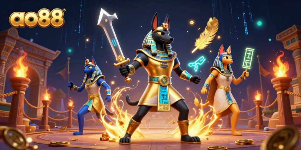 Bet big with ao88 in this vibrant casino scene featuring Anubis and Bastet.