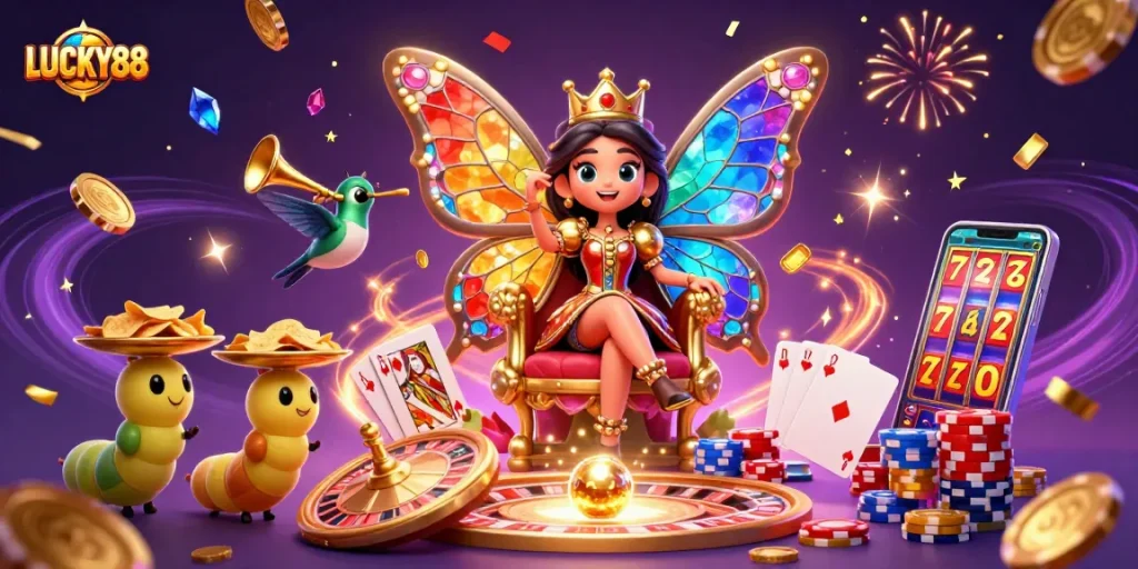 Experience LUCKY88 with a vibrant illustration of a butterfly queen at the casino, surrounded by dynamic game elements.