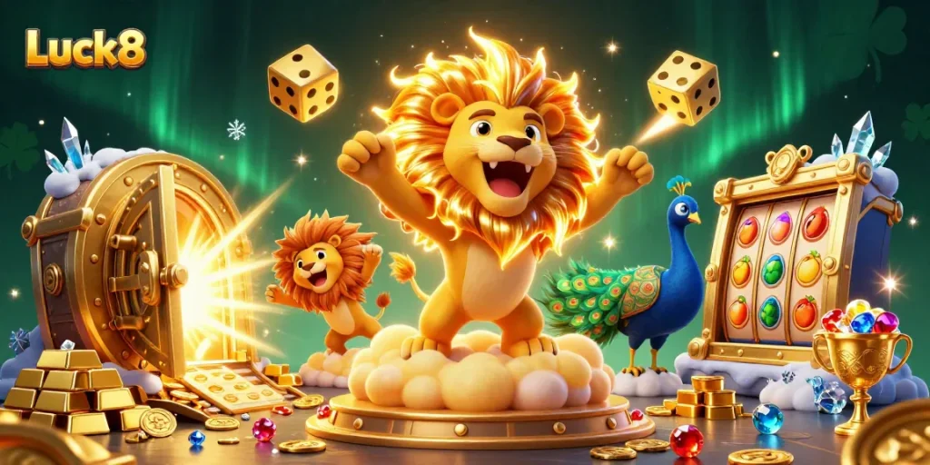 Experience the vibrant energy of Luck8 with casino characters, treasures, and lively gambling action.
