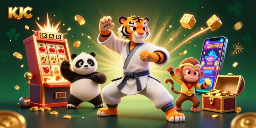 KJC slots burst open with winning symbols and characters celebrating in a vibrant casino scene.