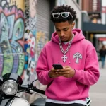 Stylish individual wearing a Chrome Hearts hoodie and jewelry in an urban setting.