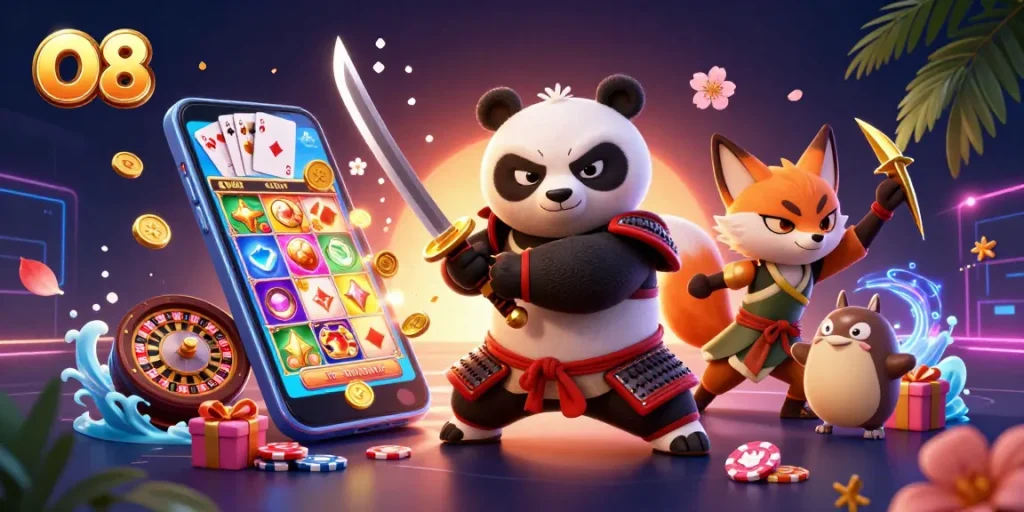 O8 enhances online gaming experience as the samurai panda draws a katana among casino elements.