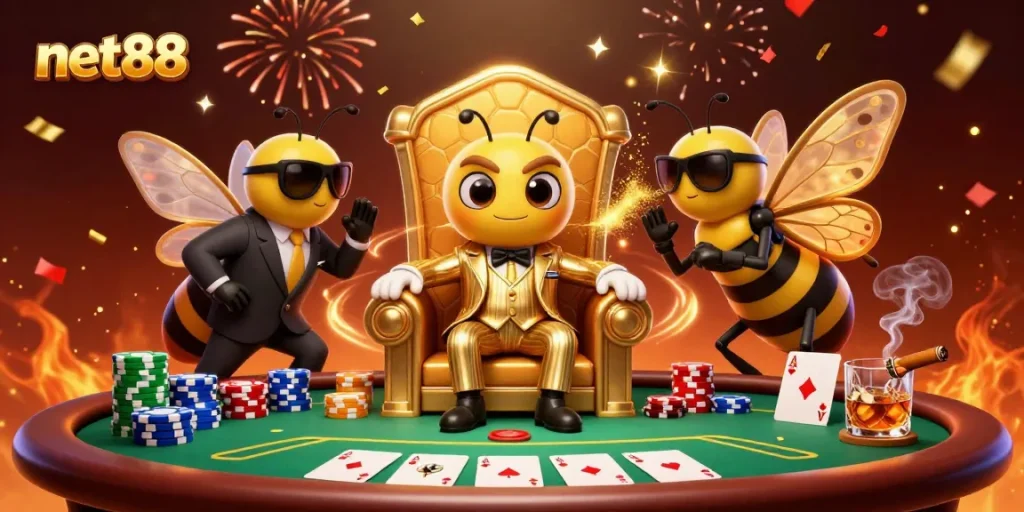 Experience the net88 action with a bumblebee mob boss and poker elements in a vibrant casino scene.
