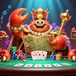 Try your luck at debet88 with a vibrant 3D illustration featuring a golden crab emperor and poker elements.