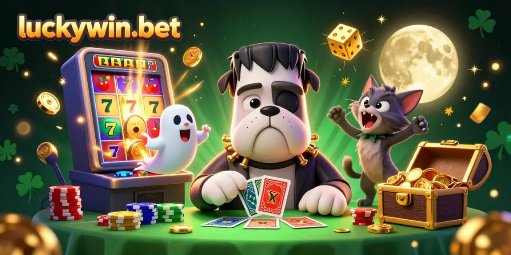 Experience thrilling gameplay with luckywin-bet at a vibrant casino scene featuring quirky characters and rich game elements.